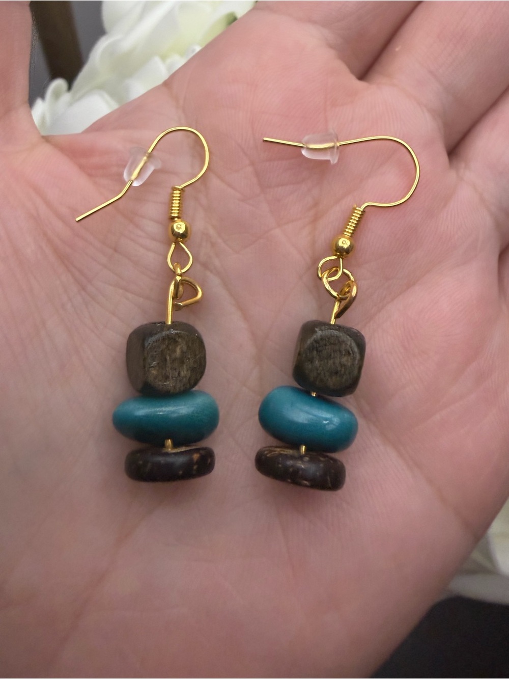 Handmade Gold-Tone Earrings with Turquoise and Brown Accent Beads